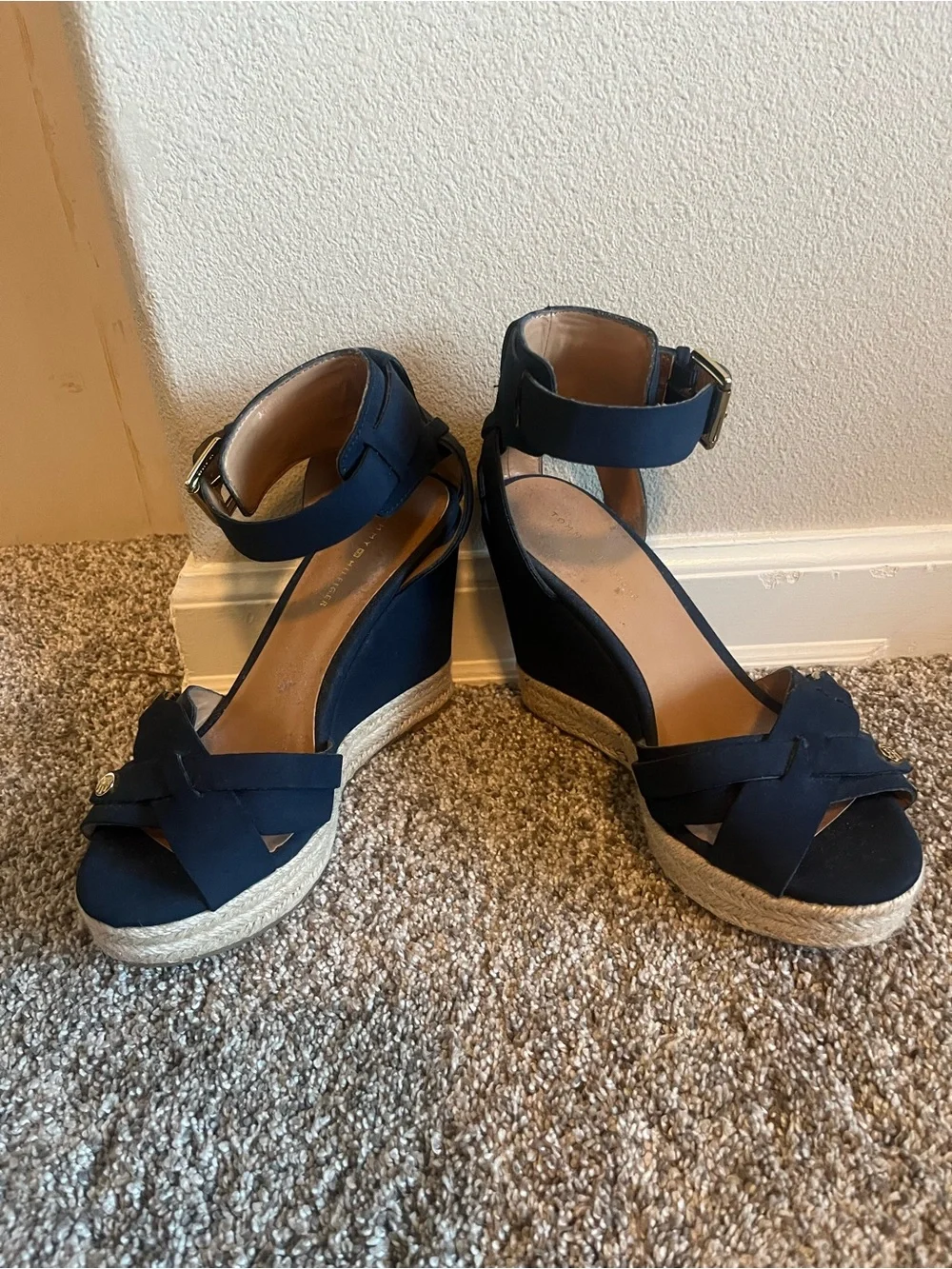 Tommy Hilfiger Navy Espadrille Wedge Sandals with Gold Buckle